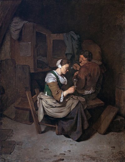 ワイングラスと2人の男性の農民を持つ女性 作： Cornelis Pietersz Bega